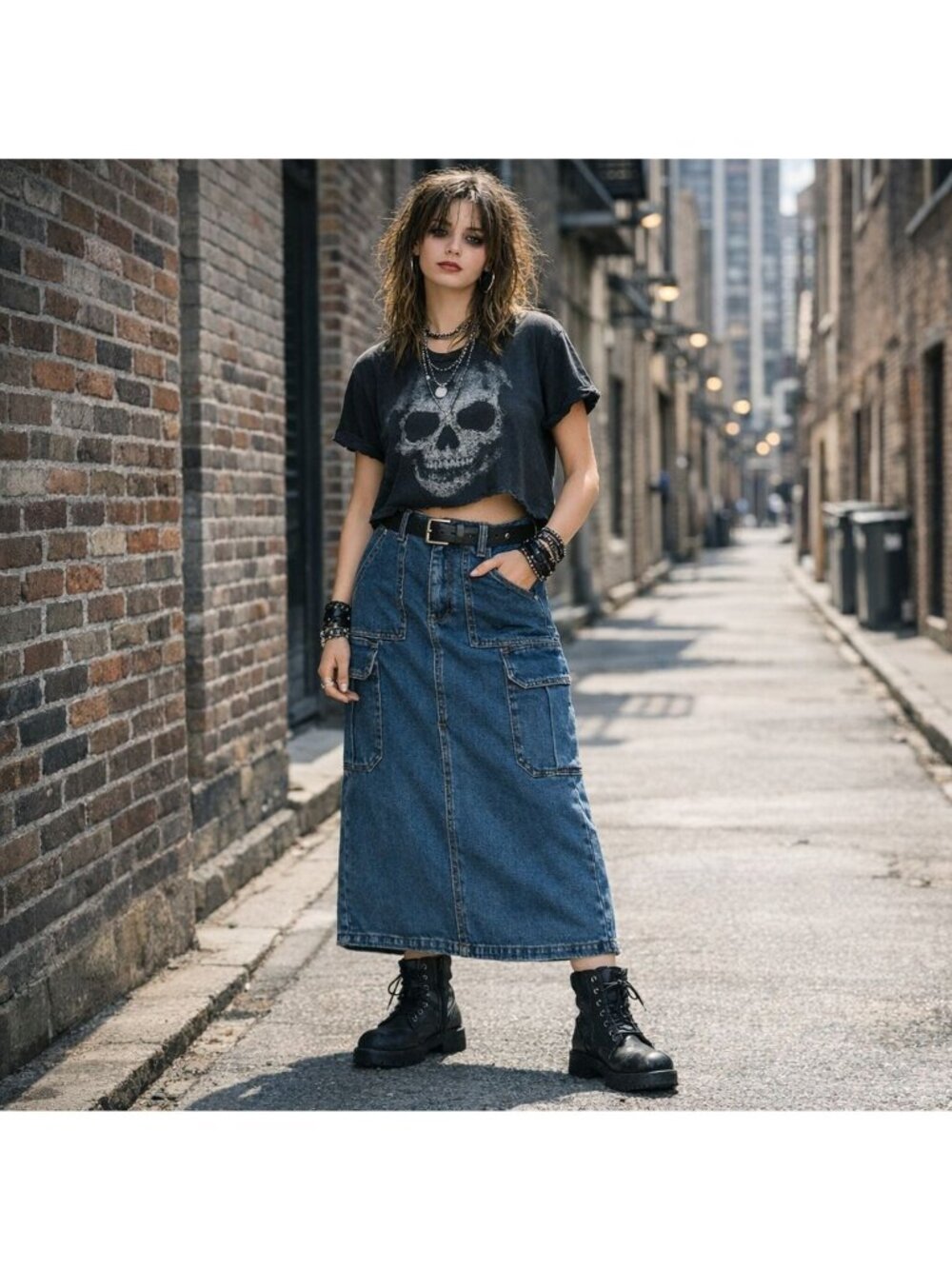 Miou Muse Midi Denim Cargo Straight Skirt Size Small Front Slit Pockets Utility